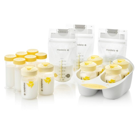 Breast Pumps & Supplies Collection of baby bottles and storage bags in varying sizes with yellow caps.