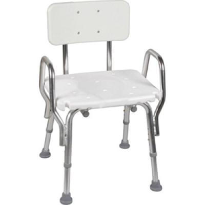 Bathroom Safety Aids White chair with a backrest and armrests, featuring metal legs and rubber tips.