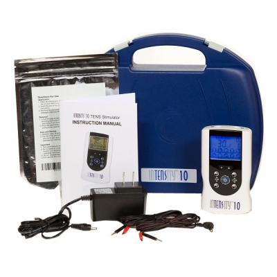 Electrotherapy Portable medical device kit with monitor, cables, manual, and carrying case.