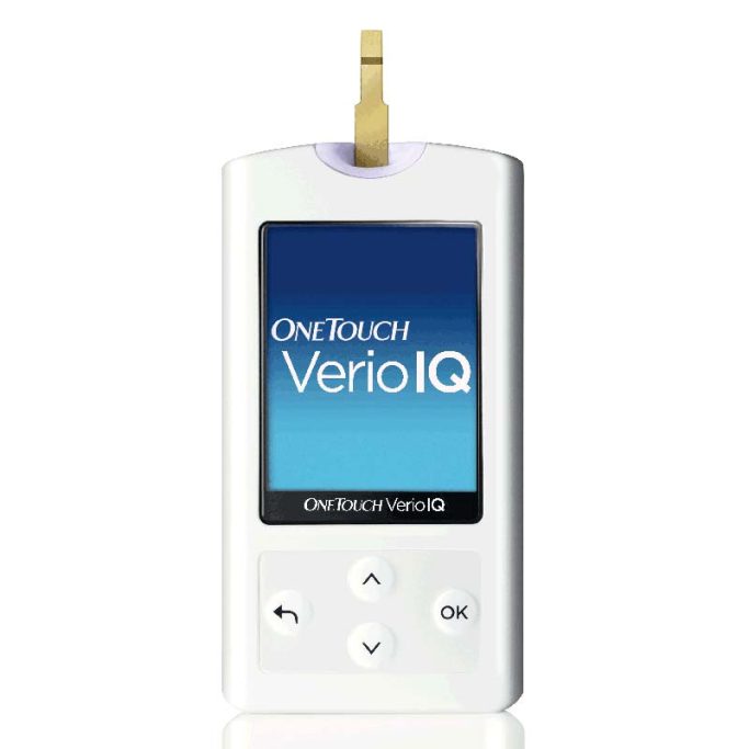 Diabetes Blood glucose meter with a digital display and a gold connector at the top.